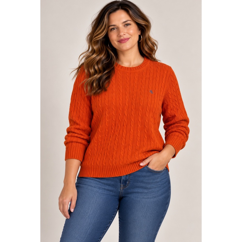 Lauren Ralph Lauren Orange Cotton Cable Knit Old Money Crewneck Sweater, XL